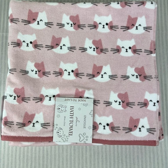 ENVOGUE Cat Kitten Bath Towels Pink White Cotton Velour Soft Set of 2 NEW - Picture 2 of 9